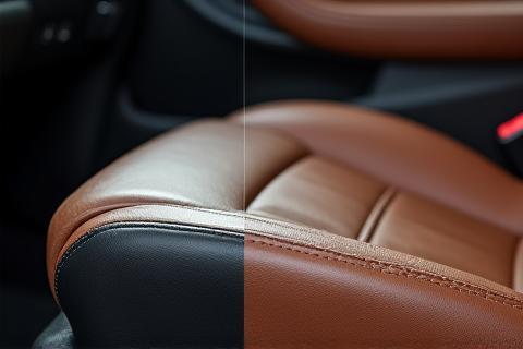 革製シートのクリーニング前後 - シミが消え、しっとりした質感に戻った様子